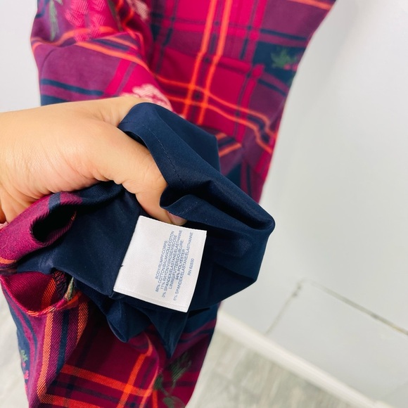 Lands’ End Canvas Red Blue Plaid Floral Embroidered Circle Fit & Flare Dress - Picture 6 of 6